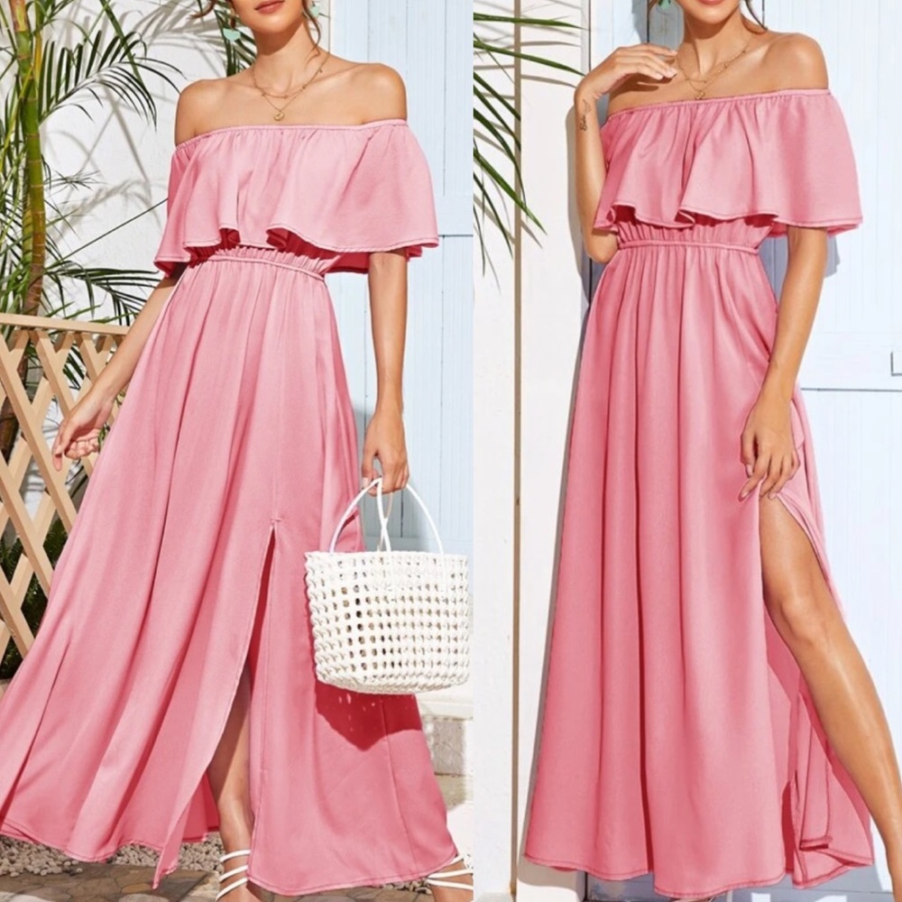 Dusty Pink polyester shoulder side slit dress - Picture 1 of 4